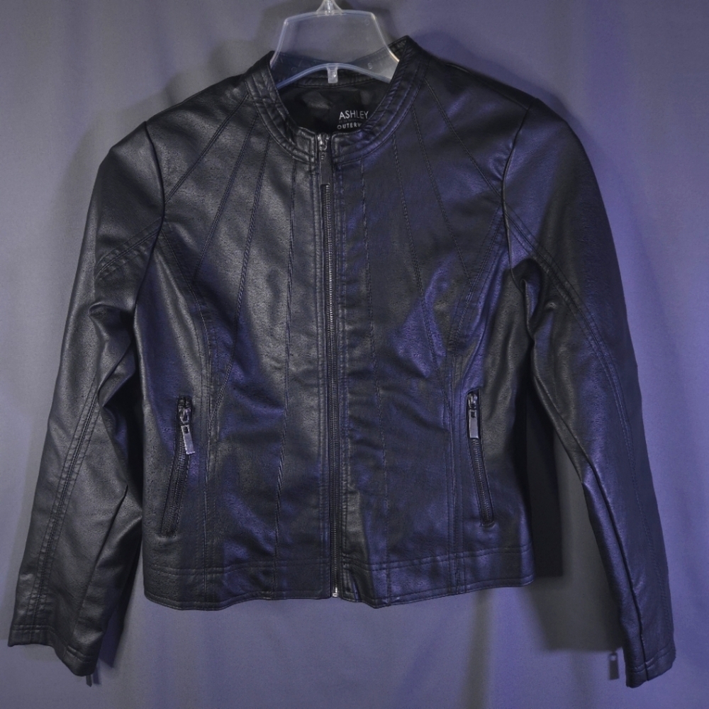 Ashley by 26 International Vegan Leather Biker Jacket‎ Black Size Large NWT